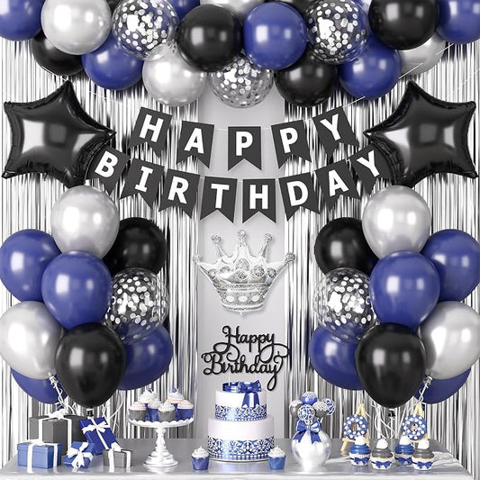Navy Blue and Black Birthday Decorations for Men, Black Blue Confetti Balloon with 'HAPPY BIRTHDAY' Banner Fringe Curtains Crown Foil Balloons Cake Topper for Men Boys Adults Party Decor