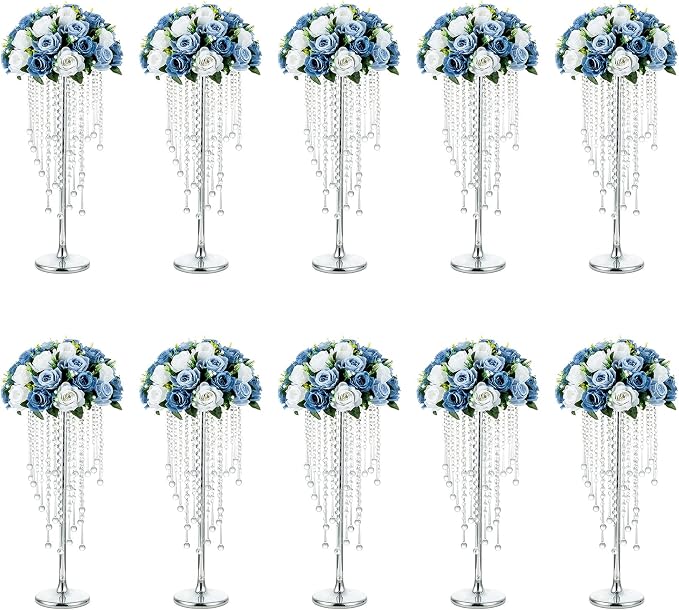 NUPTIO Silver Vases for Centerpieces Wedding - 10 Pcs 21.7in Tall Centerpiece for Tables - Flower Stand Bulk for Weddings Chandelier