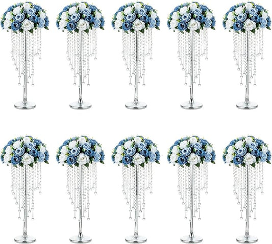 NUPTIO Silver Vases for Centerpieces Wedding - 10 Pcs 21.7in Tall Centerpiece for Tables - Flower Stand Bulk for Weddings Chandelier