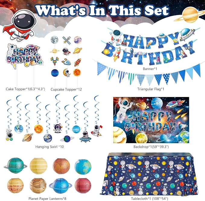 Outer Space Birthday Party Decorations, Space Themed Party Decorations, Space Party Decorations Includes Banner Backdrop Tablecloth Cake Topper Balloon Garland Kit for Space Astronaut Birthday Decor