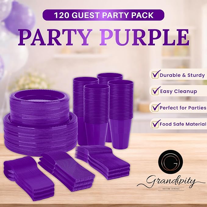 Grandipity 720 Piece Disposable Dinnerware Set, Plastic Dinnerware Set Includes 120 Count 9' Dinner Plates, 7' Dessert Plates, 12oz Cups, Forks, Knives & Spoons - Purple