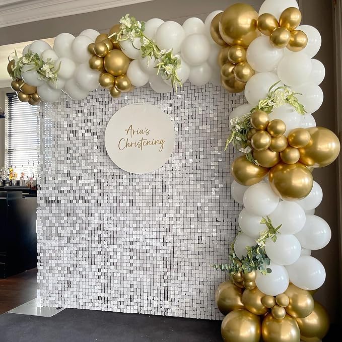 COKAOBE Mirror White Shimmer Wall Backdrop, 48PCS Square Sequin Shimmer Backdrop Panel, Photo Backdrops for Birthday, Anniversary, Wedding, Graduation & Bachelorette Party Decoration