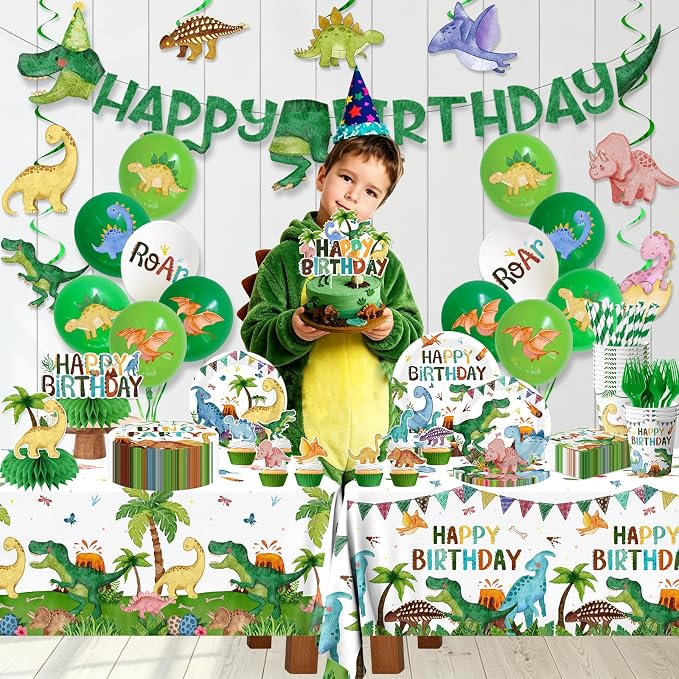 Dinosaur Birthday Decorations, 199Pcs Dinosaur Party Decorations Tableware Set Include Dinosaur Plates,Napkins,Cups,Balloon,Banner,Hanging Swirl,Cake Toppers,Tablecloth for Boy Dino Party Supplies
