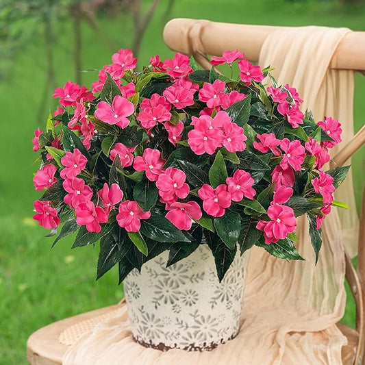 Fake Flowers Artificial Flowers for Outdoor，Artificial Impatiens Bouquet Flowers for Outdoors，Spring Flowers Artificial Impatiens Outdoor Silk Fake Flowers Indoor Decor 4PCS (Rose Red)