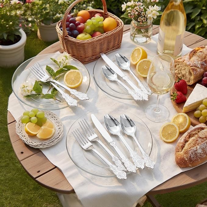 Supernal 360pcs Silver Plastic Silverware Set with Embossed Handles,Vintage Heavy Duty Baroque Disposable Cutlery (120 Forks, 120 Spoons, 120 Knives) | Elegant Utensils for Wedding, Party,Anniversary