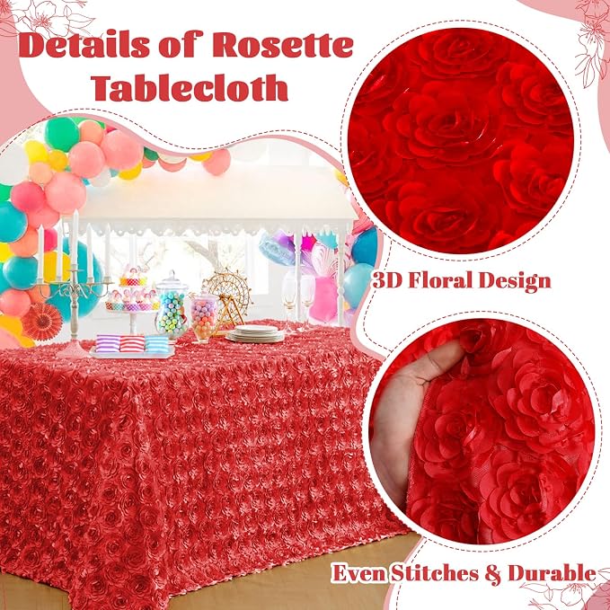 B-COOL Red Rosette Tablecloth 3D Red Floral Satin Tablecloths 90x156 Inch Brithday Holiday Party Decorations Wedding Party Linens