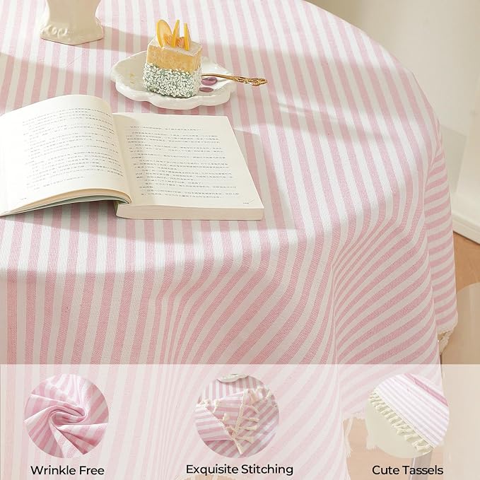 meioro Striped Round Tablecloth, Cotton Blend Fabric Pink Circle Table Cloth with Tassel, Washable Wrinkle Free Table Cover Cute Small Tablecloths for Card Coffee Tables Home Party - Round 47 Inch