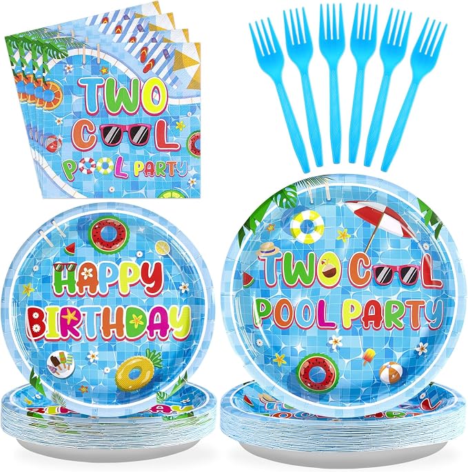 96Pcs Two Cool Pool Birthday Party Decorations Summer Swimming 2nd Party Plates Disposable Beach 2nd Birthday Tableware for Summer Beach Pool Swimming Kids 2 Years Old Hawaiian Decor, Serves 24