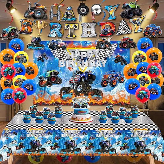 Monster Truck Birthday Decorations Party Decorations Set Include Truck Balloons, Tablecloth, Backdrop, Cake Cupcake Toppers, Hanging Swirls, Banner Monster Truck Party Supplies for Boys Birthday Decor