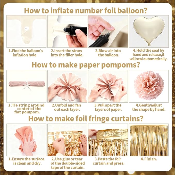 White Gold Birthday Decorations Beige Gold Balloons Happy Birthday Banner Cake Topper Fringe Curtain Paper Pom Poms Butterfly Sticker White Sand Star Heart Foil Neutral Boho Party Men Women