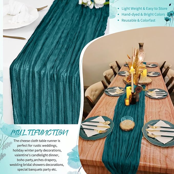 30 Pack Teal Cheesecloth Table Runner 17 x 108 inch Boho Gauze Table Runner Rustic Sheer Cheese Cloth Table Decorations for Wedding Party Baby Bridal Shower Birthday Holiday Home
