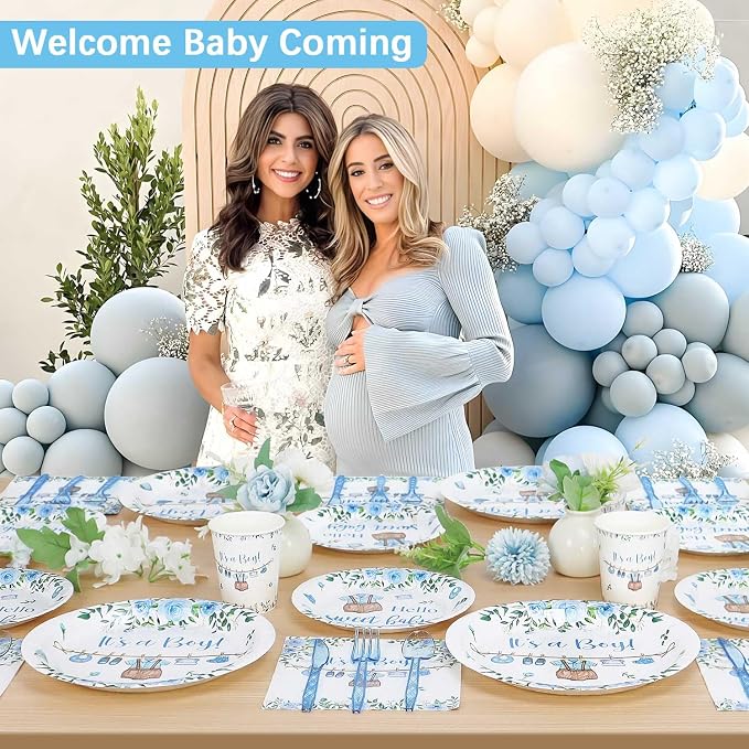 Boy Baby Shower Decorations Plates Set 25 Guests,175 Pcs Blue It's a Boy Baby Shower Decorations Paper Plates Napkins Cups Cutlery Sets