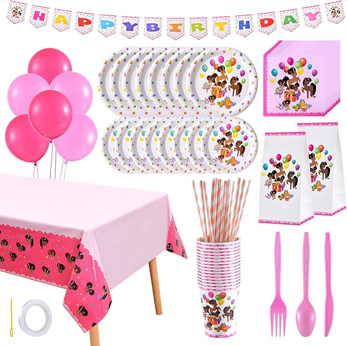 It's a Party Afro Puff Unicorn Birthday Party Box for 15 guests (150 pieces) - White Plates