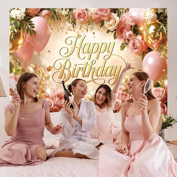 Happy Birthday Backdrop Banner For Women Girls Princess Pink Floral Flower Wall Rose Gold Balloon Party Decorations Photography Background Supplies Decor Fabric Photo Booth Props 7x5ft