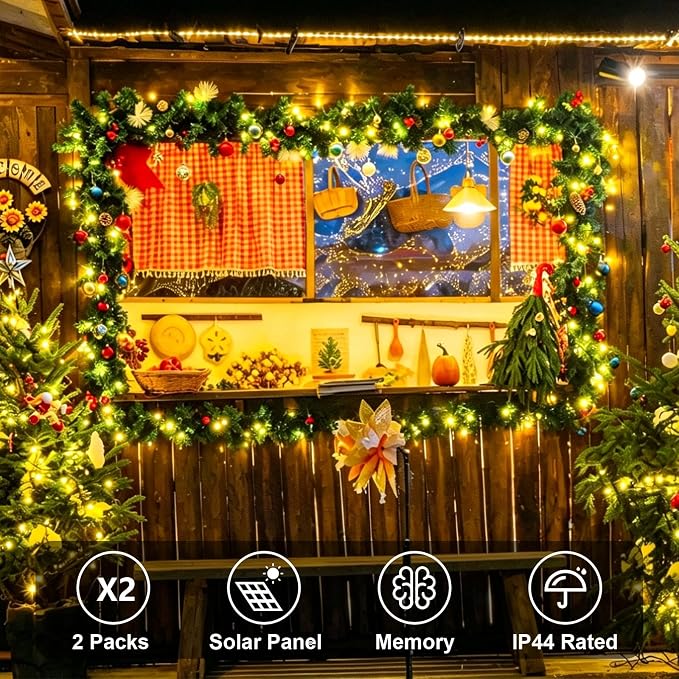 QITONG 2 Pack Warm White Solar String Lights Outdoor Waterproof, Each 33ft 100 LED Solar Christmas Lights, 8 Modes Green Wire Solar Twinkle Tree Lights for Outside