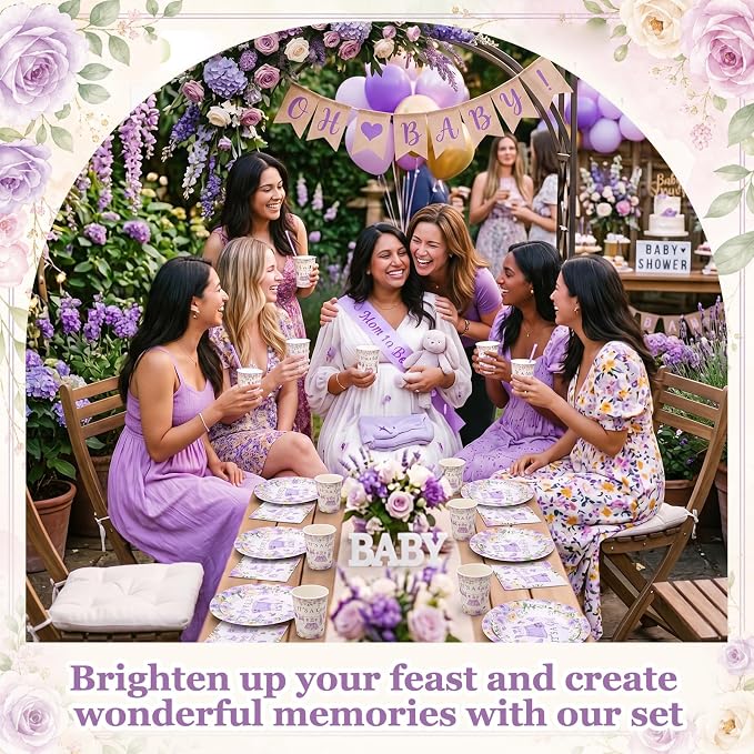 Pickmesh 250 Pcs Purple Floral Baby Girl Shower Disposable Tableware Set Hello Sweet Baby Paper Plates Napkins Cups Cutlery for Gender Reveal Birthday Party Supplies Babies Shower, Serve 50 Guest