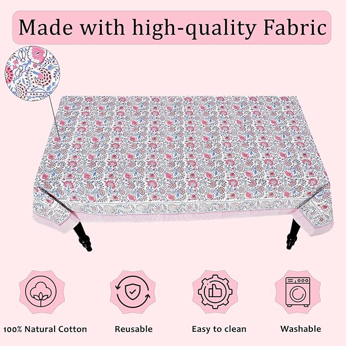 Ridhi Pigeon Blue and Flamingo Pink Hand Block Print Cotton Rectangle Tablecloth 120" x 80" inches Reusable Table Cover Decorative Everyday Use for Dining Room, Farmhouse, Gift Spring, Mother's Day