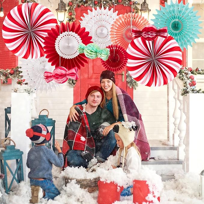PAPER JAZZ 12pcs Candy Paper Fans Christmas Decoration,Candy Honeycomb Christmas Decorations,White and Red Xmas Decoration Wall/Ceiling for Classroom,Bulletin Board,Winterwonderland,Office Decor.