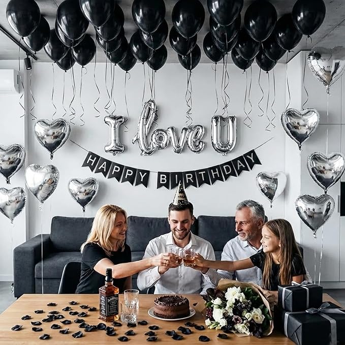 Romantic Special Night Decorations - Black Silver Theme with I LOVE YOU & Silver Hearts Balloons, Black Rose Petals for Anniversary, Valentine Day, Bedroom, Hotel Room, Birthday Surprise