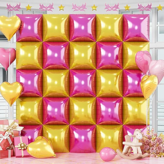 Hot Pink Gold Square Foil Balloons, 25PCS Double Sided Metallic Gold Chrome Pink Square Balloons Backdrop Wall Tunnel Arch Kit Background for Girls Women Birtdays Wedding Baby Shower Valentine
