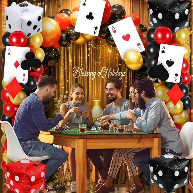2 Sets Casino Theme Balloon Column Stand Kits Red Black Gold Balloons Column Kit with Dice Poker Tower Stand Kit 2 Sets Balloons Tower Sets for Las Vegas Game Night Themed Party Supplies