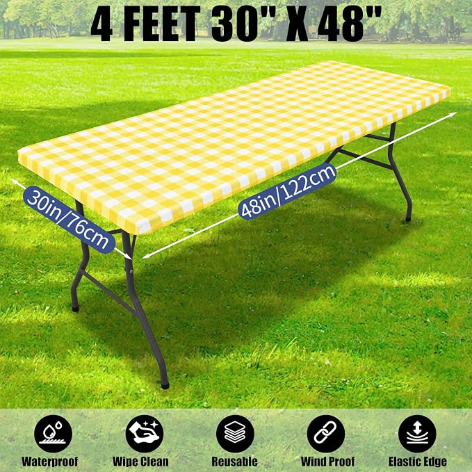 Smiry Picnic Table Cloth 6 Pack, Waterproof Elastic Fitted Tablecloths for 4FT Rectangle Tables, Washable Polyester Buffalo Plaid Tablecloth for Camping, Dining & Outdoor (Yellow & White, 30" x 48")