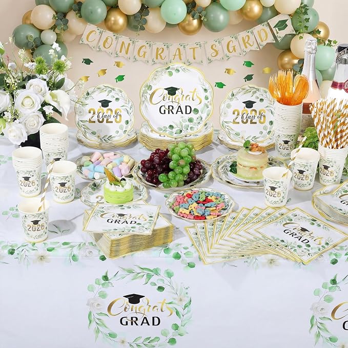 Funnymoom 452 Pcs Class of 2026 Sage Green Graduation Decoration Party Supply for 50, Green Gold Eucalyptus Congrats Grad Paper Plates Napkins Cup Tablecloth Cutlery for Freshly Graduated Decoration