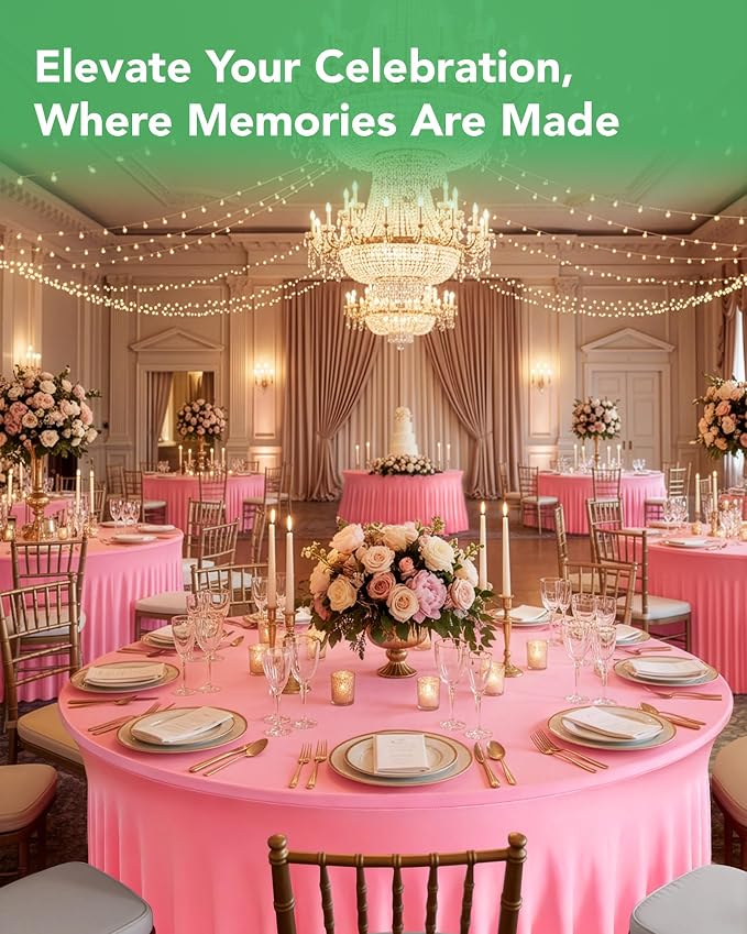 6 Pack Spandex Table Cover Skirts for 60 inch Round Tables, Pink Stretch Table Cloths with Floor-Length Ruffle, Elastic Fitted Skirted Tablecloth for Elegant Wedding Banquet Party Buffet Decoration