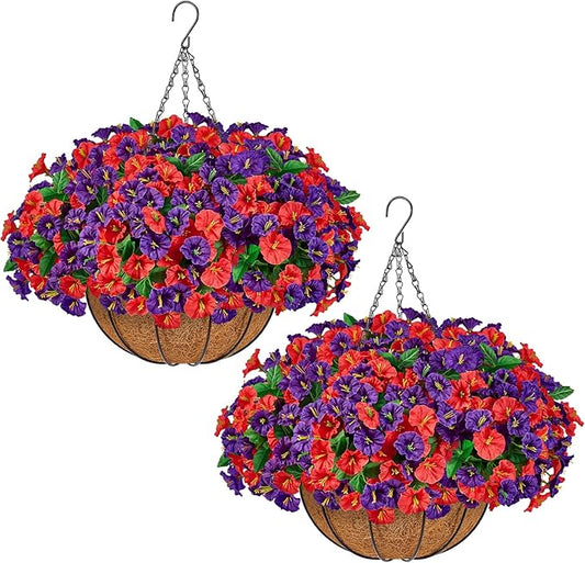 TTQ Set of 2 Artificial Hanging Flower Baskets for Outdoor Decor, 16 Bundles Faux Silk Morning Glory Flowers with 2 Hanging Baskets for Porch Patio Balcony Garden Spring Summer Decoration