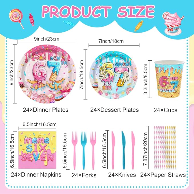 152PCS 6 7 Meme Birthday Party Supplies,I Was 6 Now I'm 7 Birthday Decorations Tabware Set,Include Plates Napkins Cups,Knife, Fork,Boys Girls 6th 7th Birthday Party Decor,Serves 20 ﻿