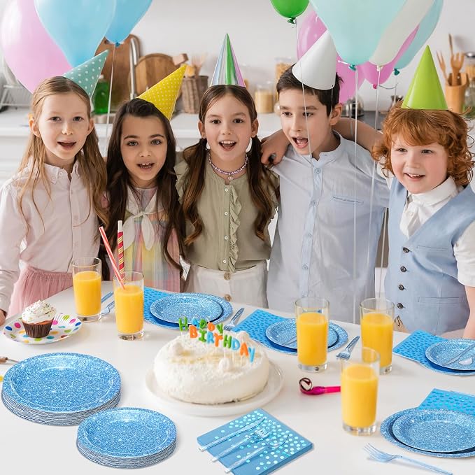 Hushee 350 Pcs 50 Guests Light Blue Paper Party Plates and Cups Napkins Sets Holographic Glitter Disposable Dinnerware Plastic Forks Knives Spoons Birthday Bachelorette Wedding Party Supplies