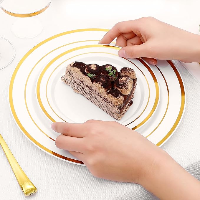 700-Piece Gold Rim Plastic Dinnerware Set for 100 Guests, Elegant Disposable Dinnerware for Party, Wedding. Includes Dinner Plates, Dessert Plates, Gold Silverware, Napkins, Cups