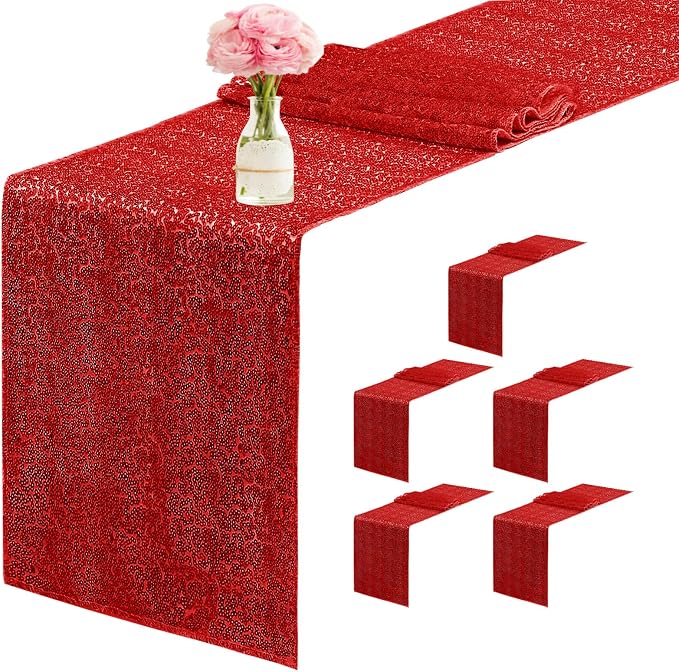 6 Packs 12 x 72 inches Sequin Table Runner, Red Glitter Table Runner for Birthday Party Supplies Wedding Engagement Baby Shower Holiday Celebration Event Decorations