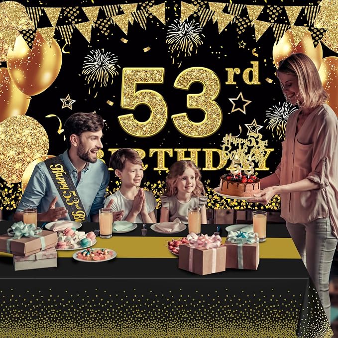 53rd Birthday Decorations Men Women with 53rd Birthday Banner, Black and Gold Table Cloth, Number Balloons, Large Sash, Cake Topper and Candles