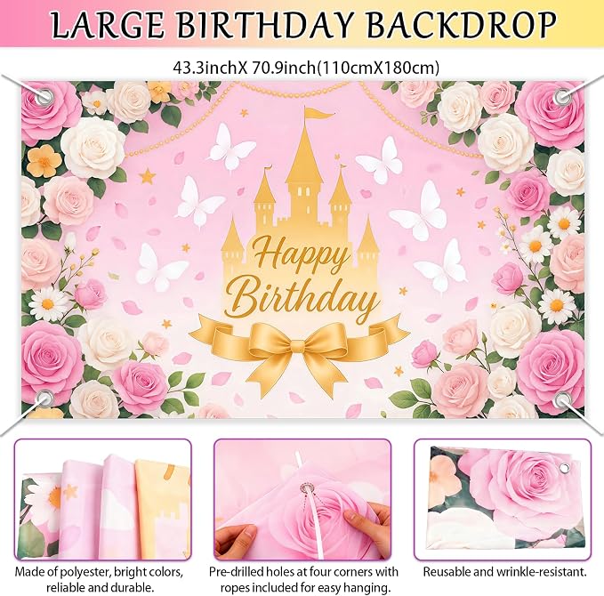 Princess Castle Birthday Party Decorations Set for Girls 3-14 Yrs, with Banner, Backdrop, Balloons, Cake Topper, Cupcake Toppers, Tablecloth, Quick and Easy Setup
