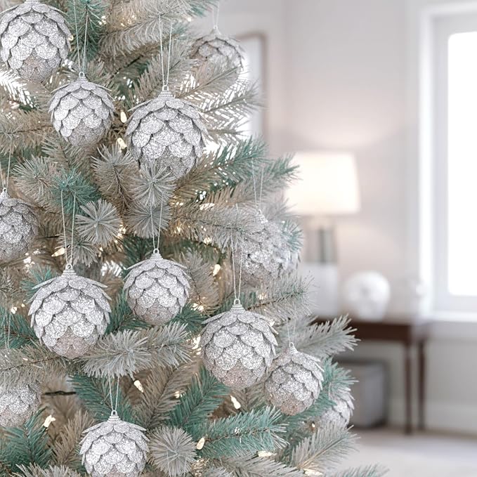 Sratte 8 Pcs Valentine Ball Ornaments Artificial Pinecone Hanging Ornaments Glitter Winter Faux Flower for Xmas Decor, 3.15/2.36 Inch(Silver)