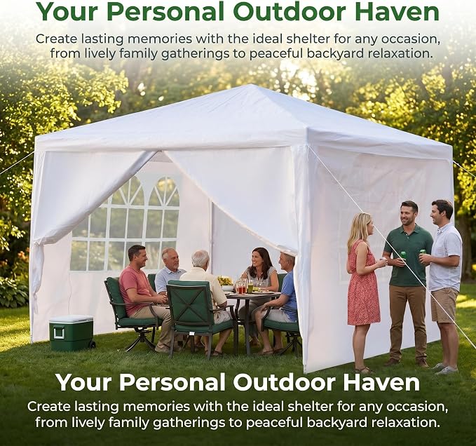 10x10 Canopy Tent, Heavy Duty Portable Outdoor Tent with 4 Removable Sidewalls, Waterproof Party, Wedding, Camping & Backyard Shelter, White