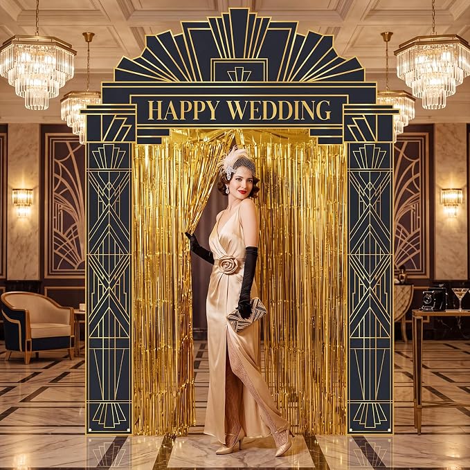 Peryiter 5 Pcs Roaring 20s Party Decorations Welcome Arch, Gold Fringe Curtain and Double Sided Tape for 1920s Theme Party Backdrop Photography Background