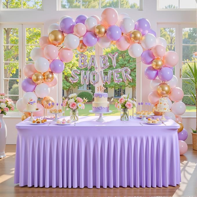Lavender Spandex Tablecloths for Rectangle Tables Light Purple Stretch Table Cloth Rectangle 8ft Lilac Elastic Fitted Table Cover with Skirt for Wedding Birthday Party Banquet Baby Shower Buffet