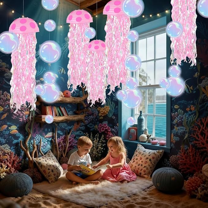 18 Pcs Under The Sea Party Decorations-6 Pcs 10'' Hanging Jellyfish Paper Lanterns -Crepe Paper Bubble Garlands for Mermaid Birthday Decorations Shower Ocean Theme Classroom & Beach Room Decor Pink