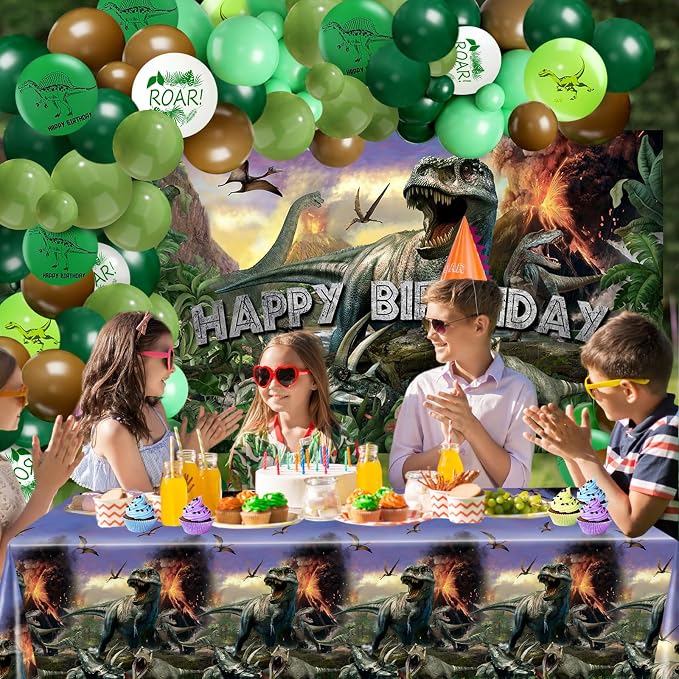 Dinosaur Birthday Decorations 280 PCS Dinosaur Birthday Backdrop Plates Napkins Tablecloth Balloons Jurassic Dino Party Supplies Serve 24