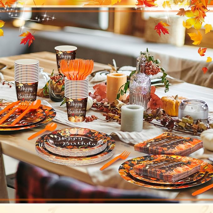 168 Pcs Fall Birthday Decorations Autumn Themed Party Supplies Maple Leaves Pumpkin Tableware Set Disposable Paper Plates Cups Utensils for Birthday Baby Shower Party Serve 24