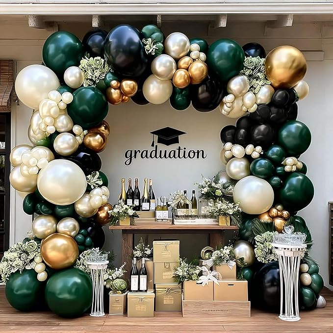 Dark Green Black Balloon Arch Double Stuffed Emerald Hunter Green, Pearl White Sand Gold Balloon Garland Kit for Birthday Wedding Anniversary Bridal Baby Shower Graduation Party Decoration