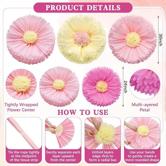 Chunful 5 Pcs 30'' 24'' Pink Giant Tissue Paper Flowers for Back to School Decor Large Hanging Crepe Paper Pom Poms for First Day of School Bulletin Board Welcome Party Decor