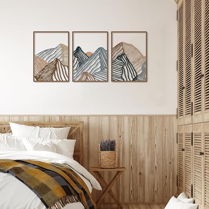 Peryiter 3 Pcs Metal Wall Art Decor Landscape Mountain Wall Hanging Decor for Living Room Abstract Minimalist Modern Mountain Line Pictures Bathroom Office Home Gifts Indoor(Vibrant Colors)