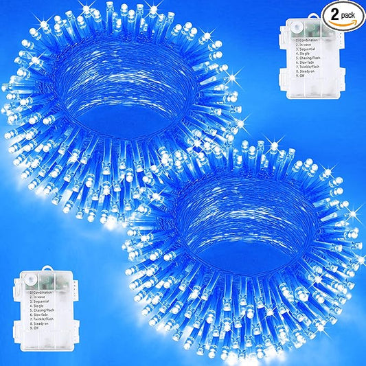2 Pack String Lights Battery Operated with Timer, 66FT 200 LED Waterproof Battery Twinkle Lights, 8 Modes Fairy Light for Indoor & Outdoor Party Bedroom Porch Tree Christmas Decorations (Blue)