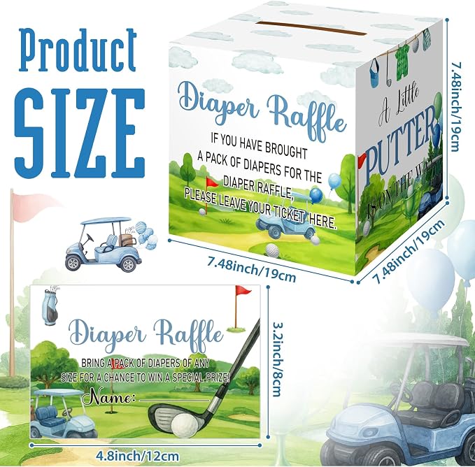 Teling 51 Pieces Diaper Raffle Tickets Box with Card Baby Shower Decorations Gender Reveal Holder Box for Girl Boy Diaper Raffle Party (Golf Style)