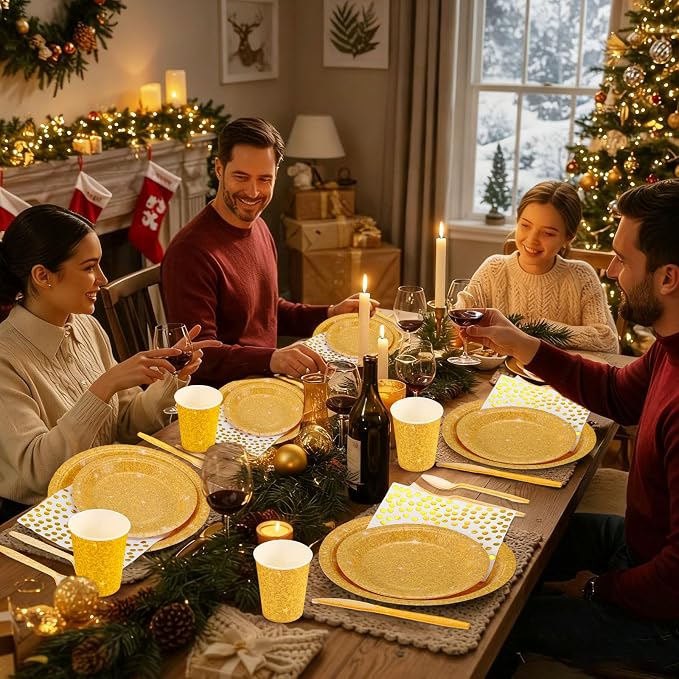 Hushee 175 Pcs 25 Guests Gold Paper Party Plates and Cups Napkins Sets Holographic Glitter Disposable Dinnerware Plastic Forks Knives Spoons Birthday Bachelorette Wedding Party Supplies