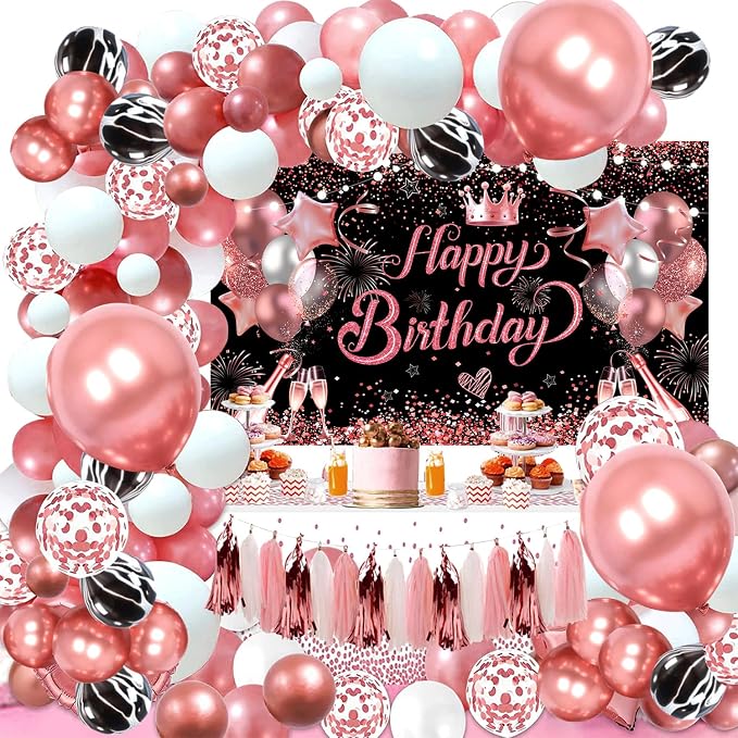 Rose Golden Happy Birthday Party Balloons Decorations Set, 80 PCS | with Photo Background Backdrop, Happy Birthday Sign Cloth, 3PCS 18inch Metal Pink Gold Balloons, Rose Gold Confetti Balloons