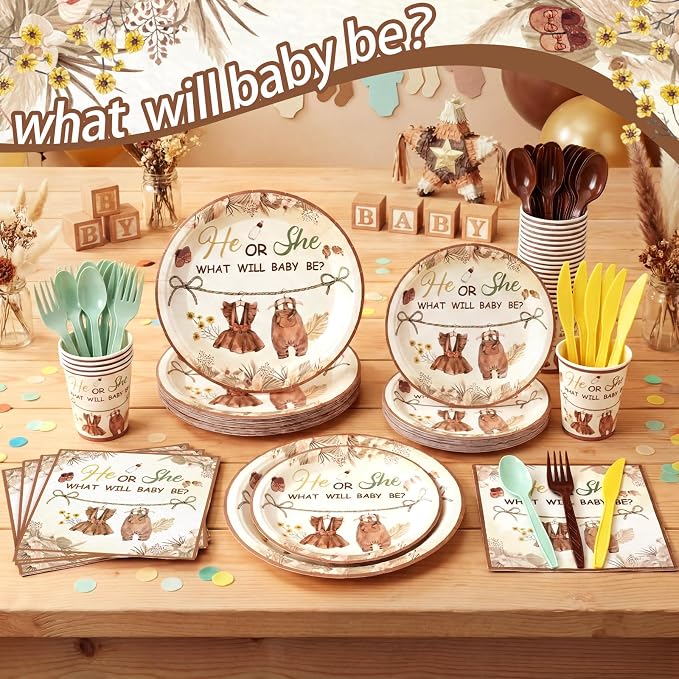 168 Pcs Boho Clothes Gender Reveal Party Favors Neutral Gender Reveal Plates and Napkins Sets He or She Baby Shower Party Supplies Disposable Tableware Set Serve 24